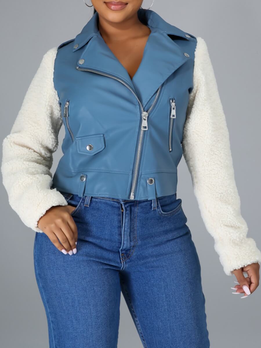 

Lovely Trendy Turndown Collar Patchwork Blue Leather
