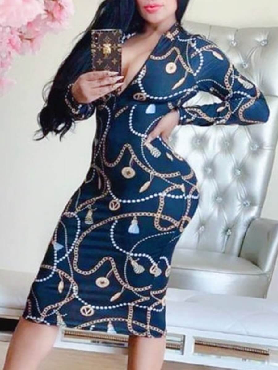 

Lovely Stylish Print Zipper Design Dark Blue Knee Length Dress