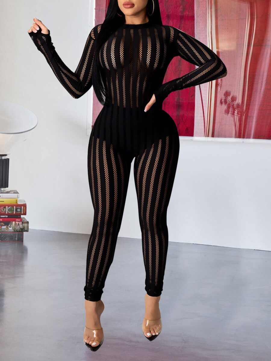 

Lovely Sexy O Neck See-through Striped Black One-piece Jumpsuit