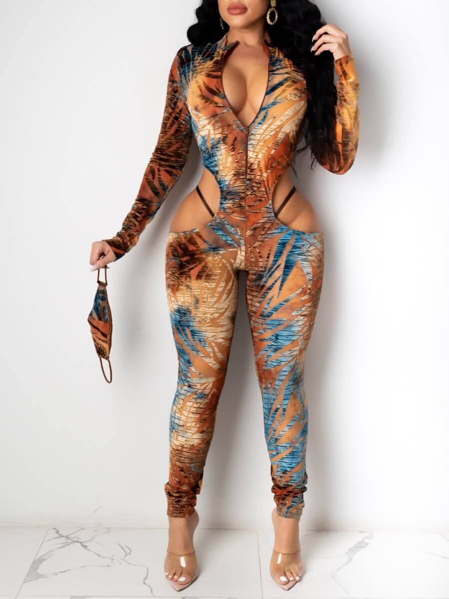 

Lovely Sexy Conventional Collar Hollow-out Skinny Yellow One-piece Jumpsuit