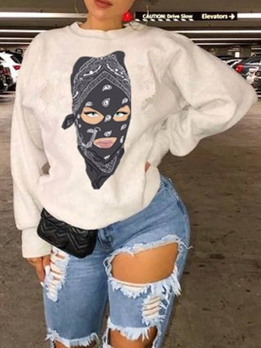 

Lovely Casual O Neck Print White Sweatshirt