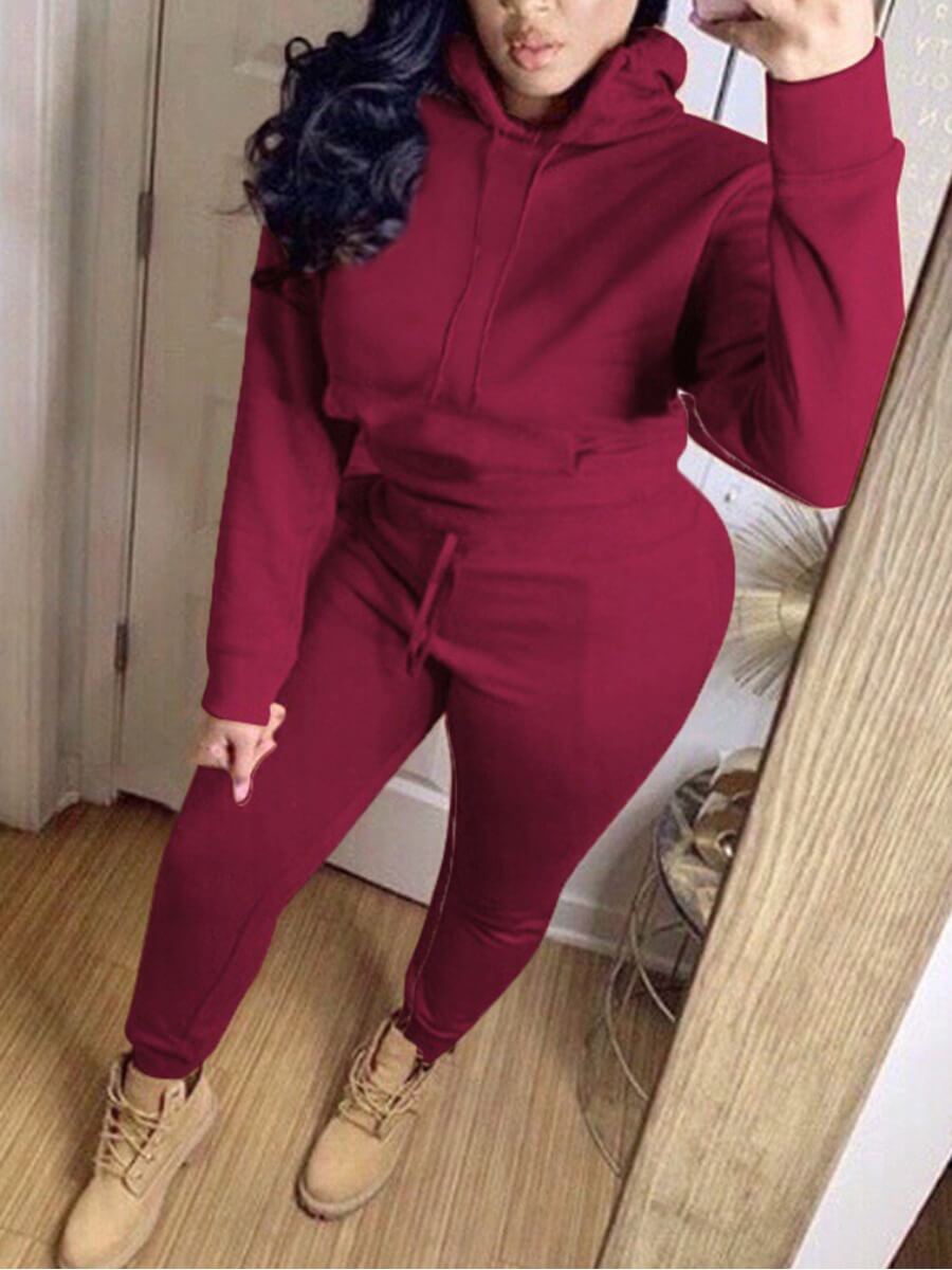 

Lovely Casual Hooded Collar Basic Wine Red Plus Size Two-piece Pants Set