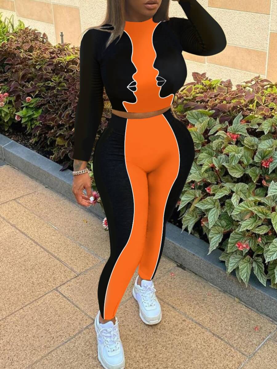 

Lovely Leisure O Neck Patchwork Skinny Orange Two Piece Pants Set