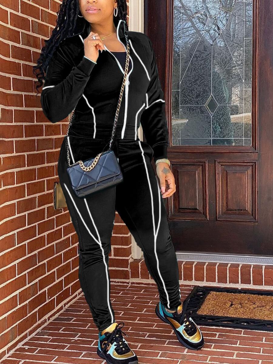 

Lovely Casual Geometric Striped Zipper Design Black Two Piece Pants Set