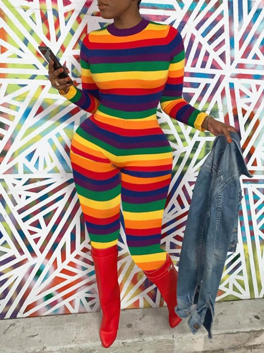

Lovely Casual O Neck Striped Skinny Multicolor One-piece Jumpsuit, Multicolor stripe