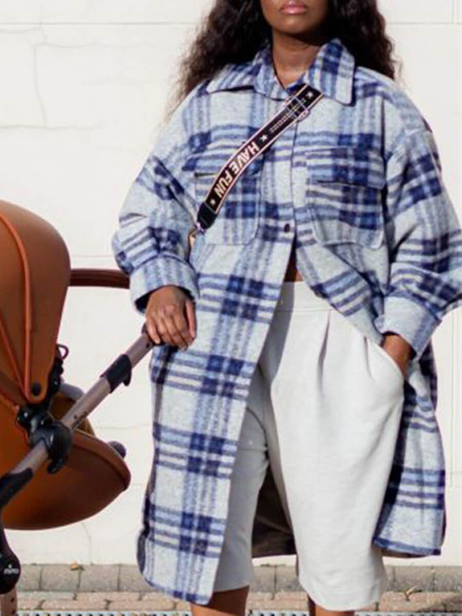 

Lovely Trendy Turndown Collar Grid Print Blue Trench Coat
