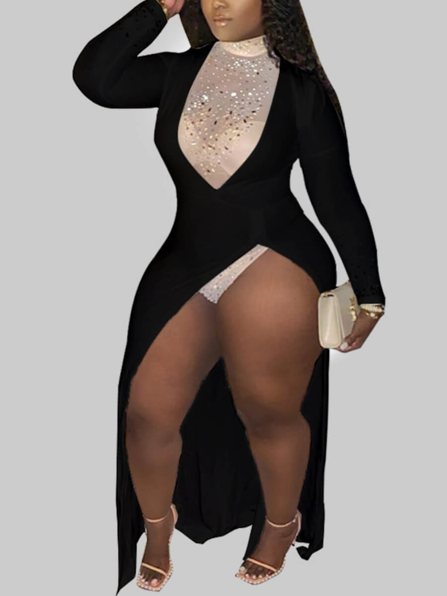 

Lovely Sexy Patchwork Side High Slit Black Maxi Plus Size Dress