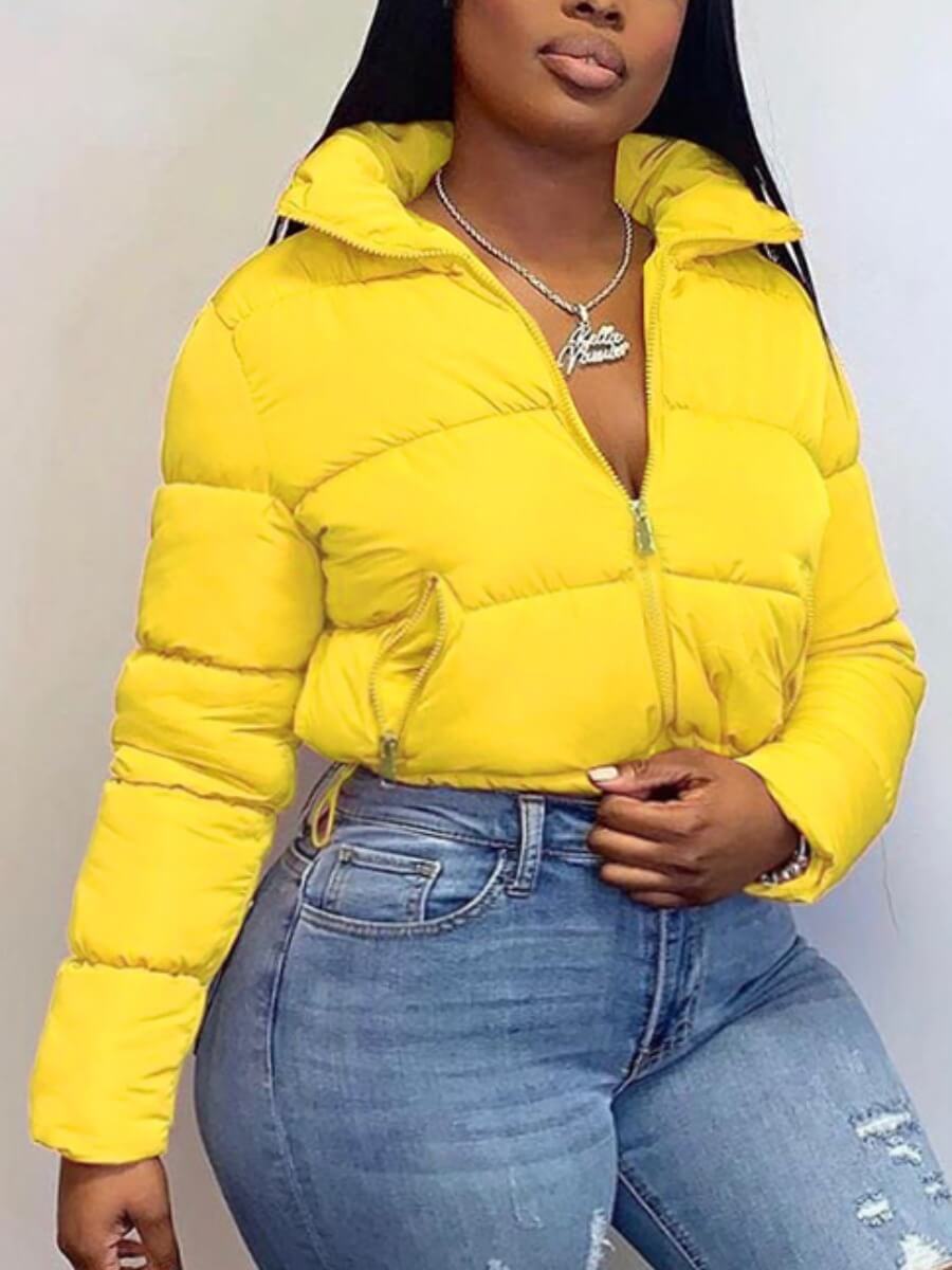 

Lovely Casual Turndown Collar Zipper Design Yellow Plus Size Parka