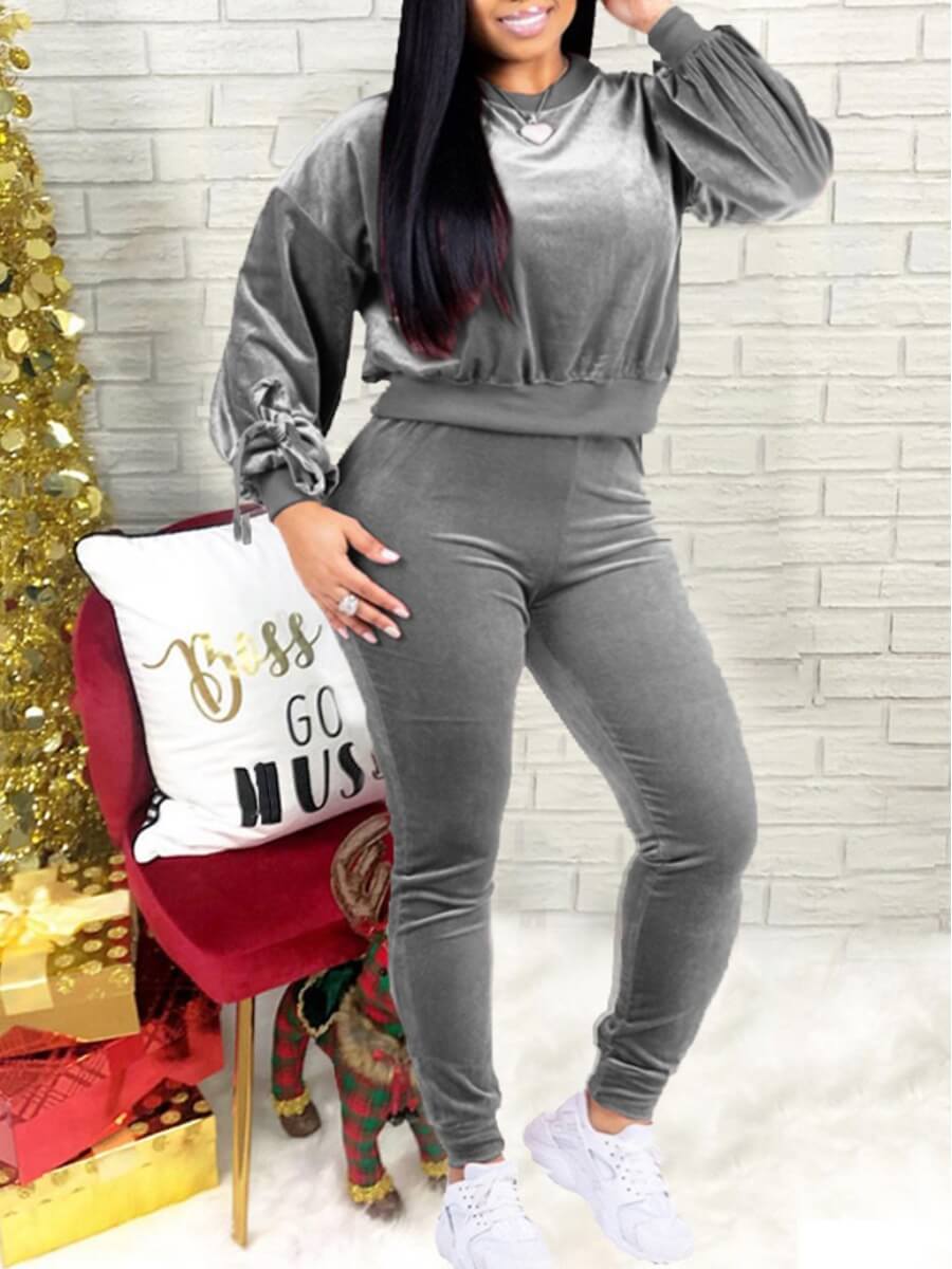

Lovely Casual O Neck Basic Grey Plus Size Two-piece Pants Set