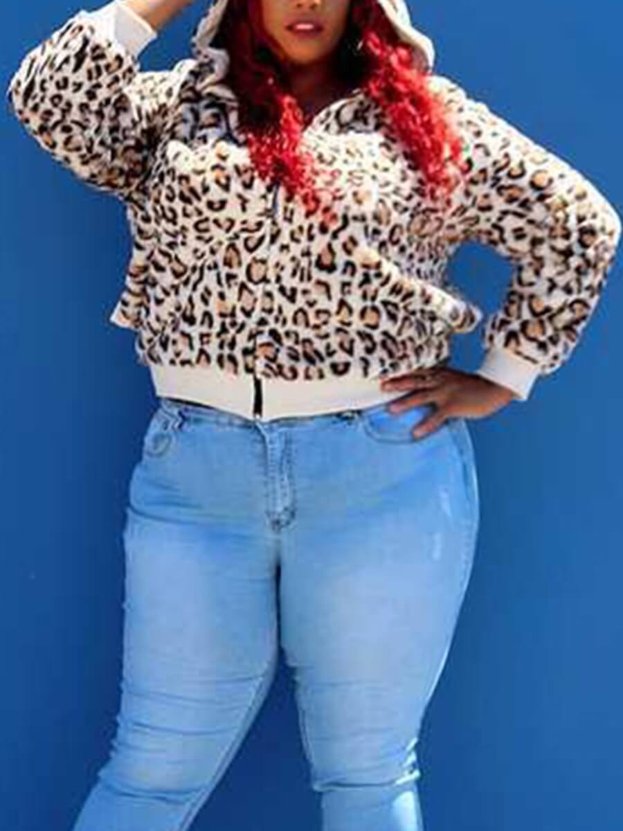 

Lovely Casual Hooded Collar Leopard Print Plus Size Coat