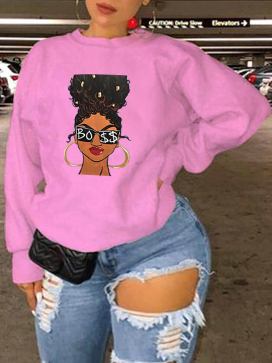 

Lovely Casual O Neck Print Pink Plus Size Hoodie