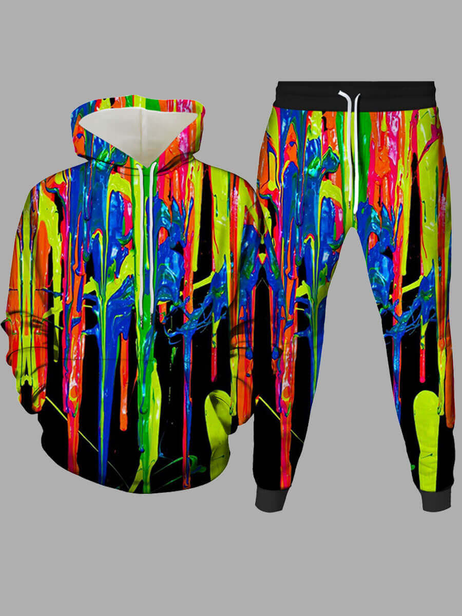 

Lovely Street Hooded Collar Print Multicolor Men Two-piece Pants Set, Multi