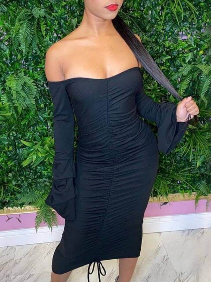 

Lovely Trendy Dew Shoulder Black Mid Calf Dress