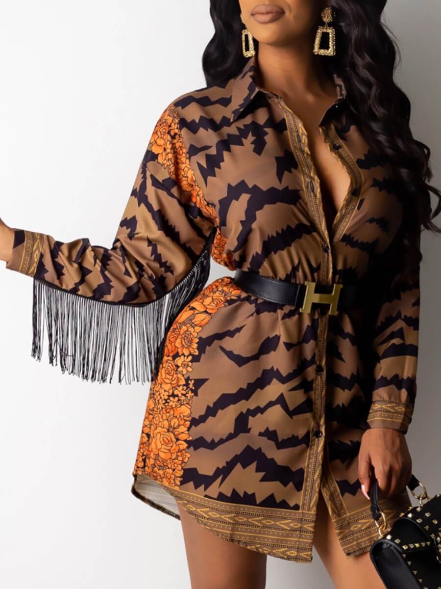 

Lovely Trendy Turndown Collar Pint Tassel Design Brown Mini Shirt Dress