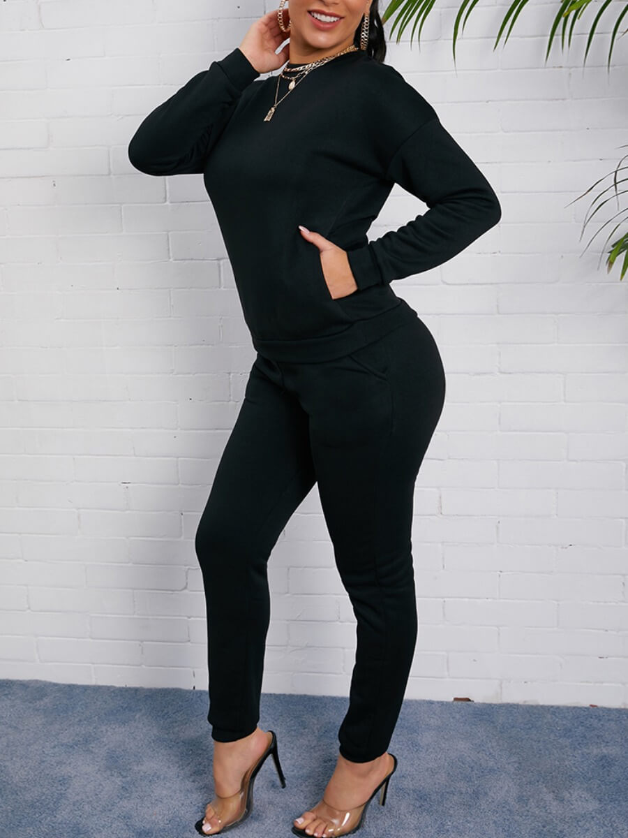 

Lovely Casual O Neck Long Sleeve Black Two Piece Pants Set