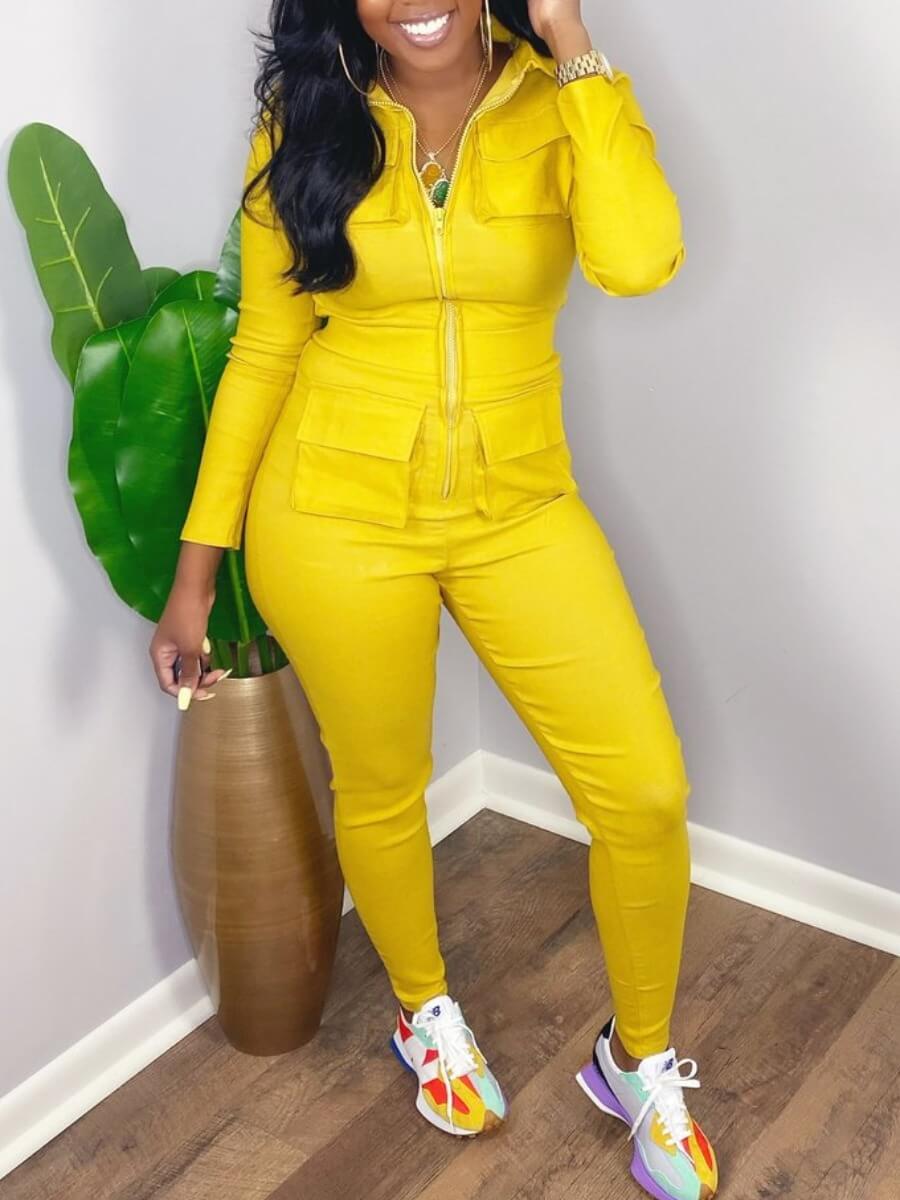 

Lovely Stylish Turndown Collar Pocket Patched Yellow One-piece Jumpsuit