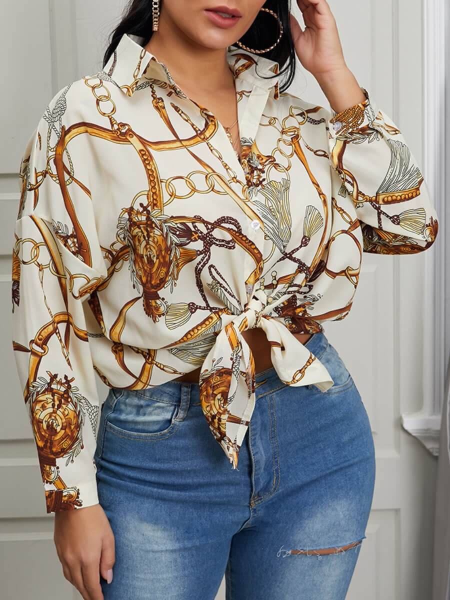 

LW BASICS Street Print Button Design Beige Blouse