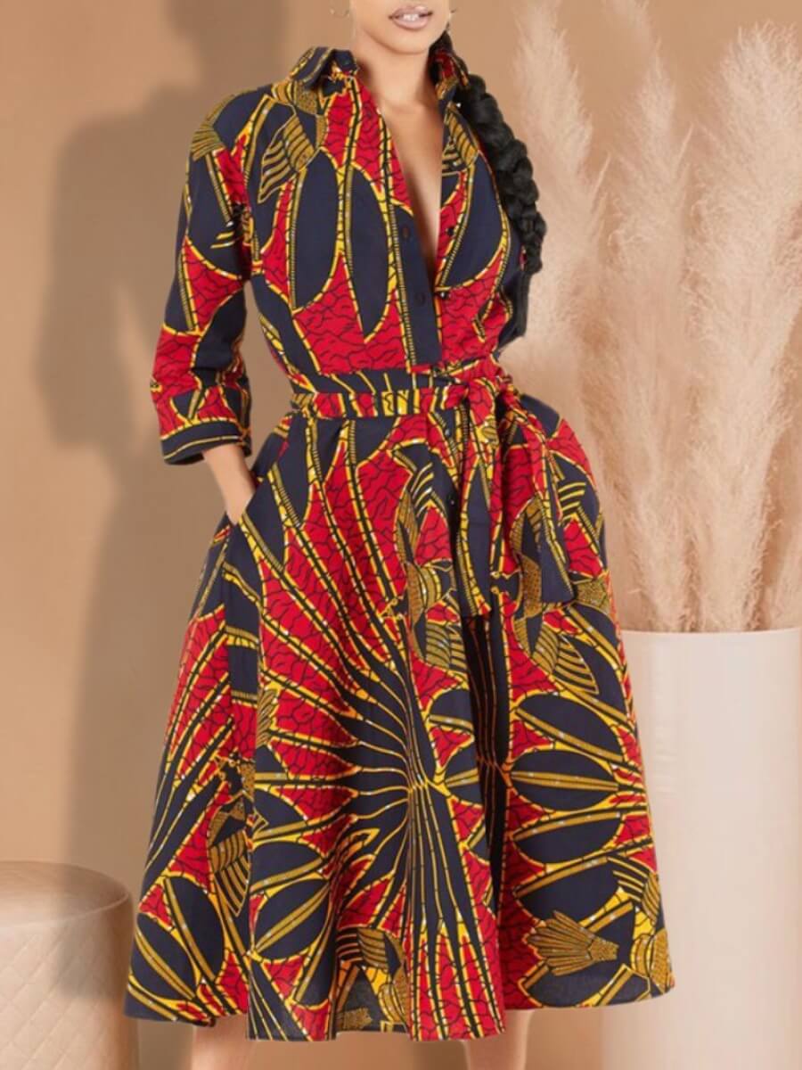 

Lovely Stylish Turndown Collar Print Red Mid Calf Dress