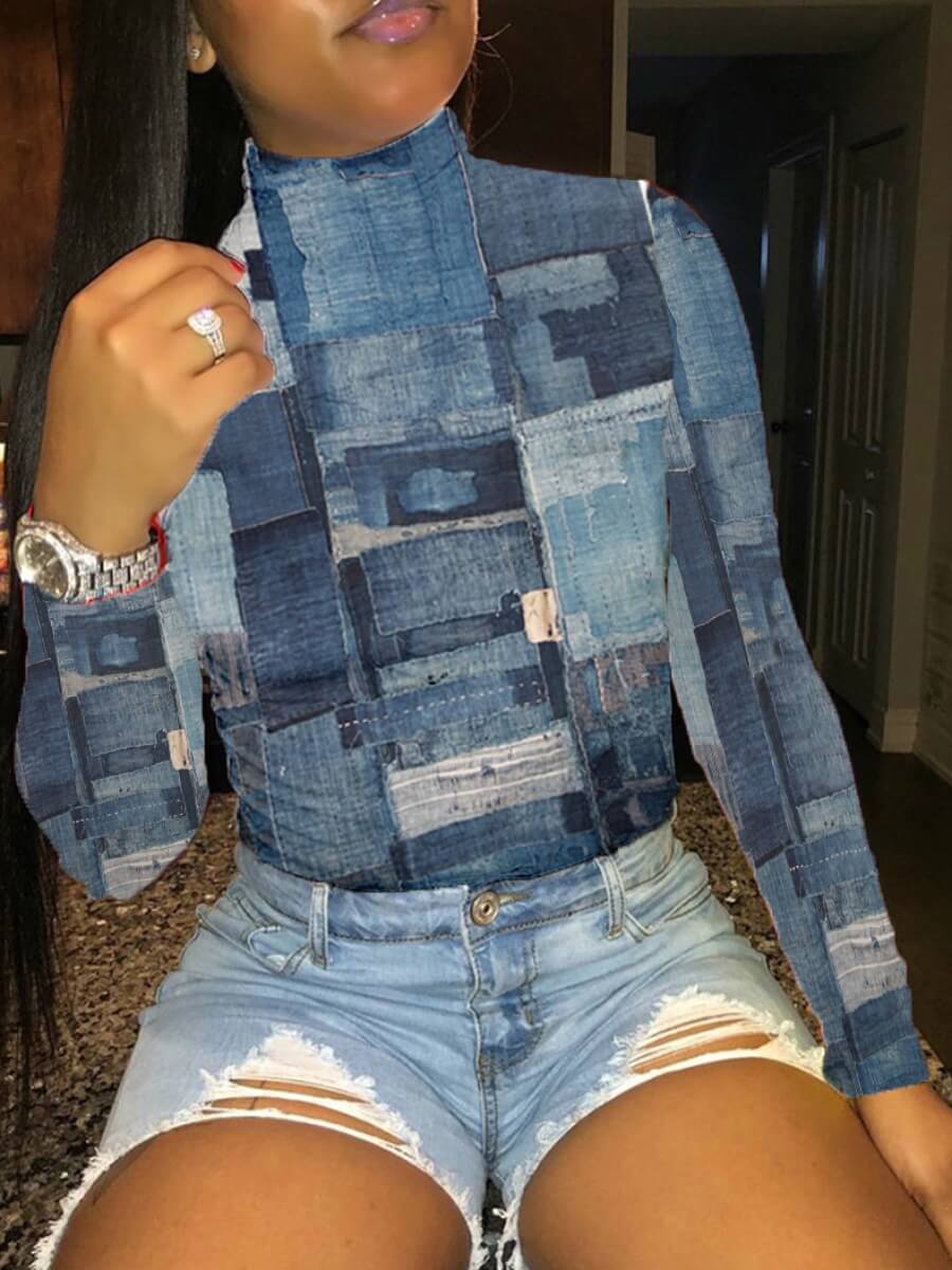 LovelyWholesale Turtleneck Mixed Print Skinny T-shirt Fall Long Sleeve Street Basic Turtleneck Spring Summer 2024