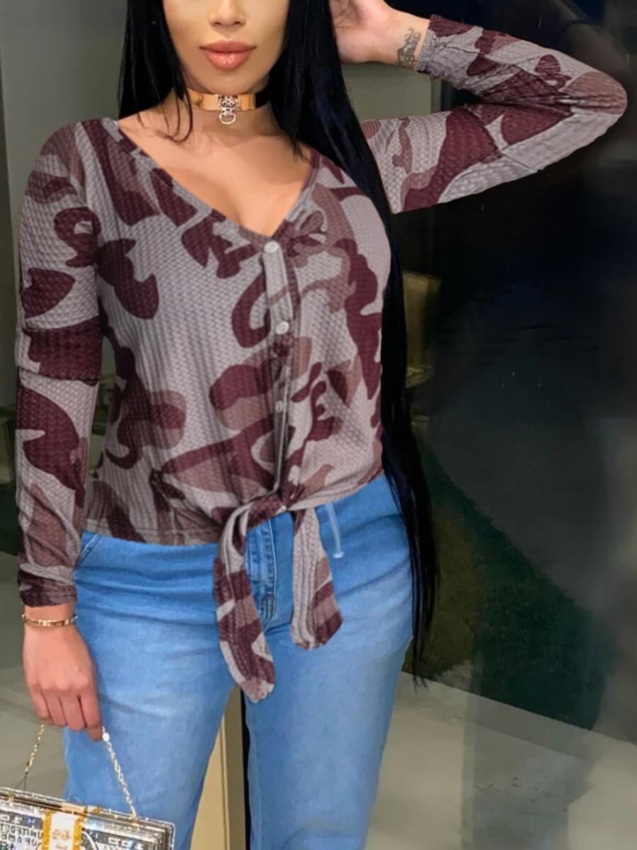 

Lovely Casual Tie Knot Full Print Patchwork Grey T-shirt