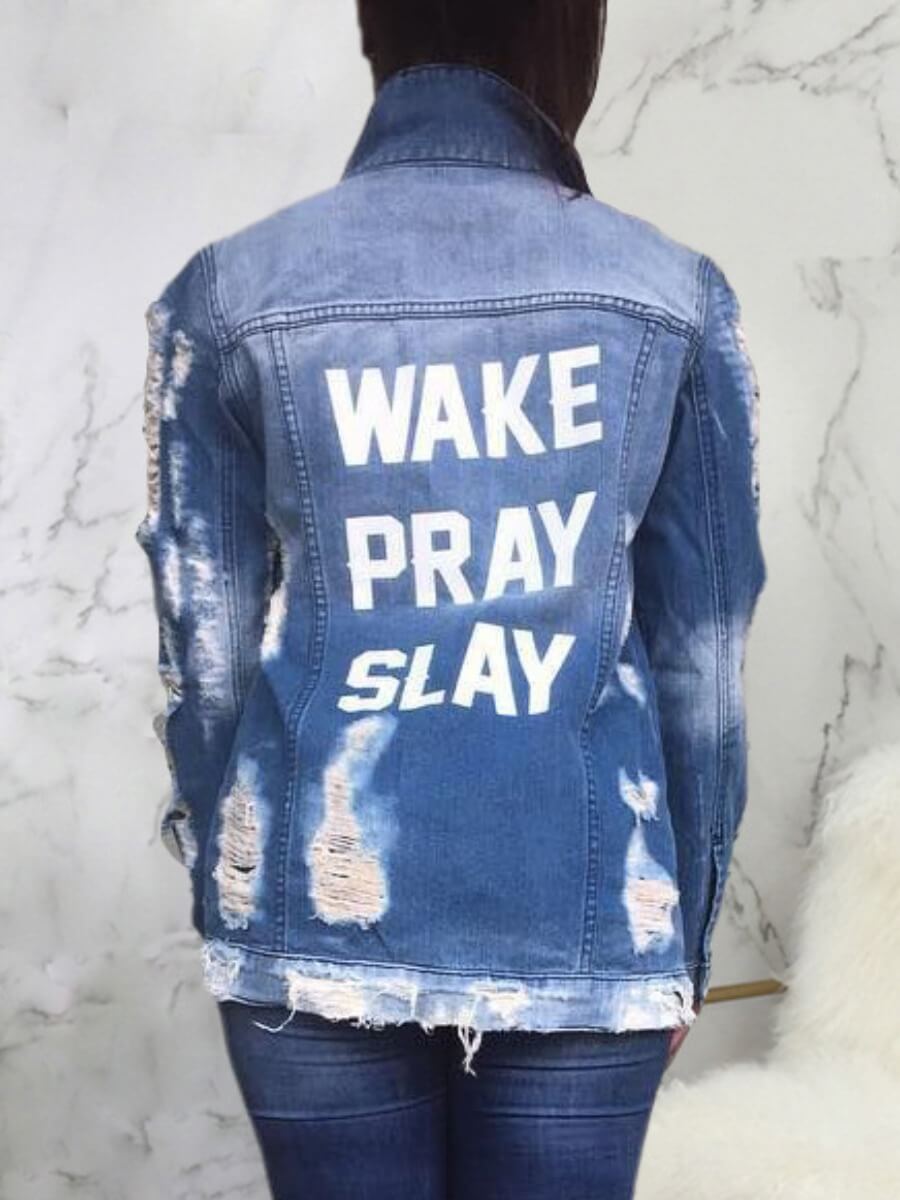 

Lovely Street Turndown Letter Broken Holes Blue Denim Jacket