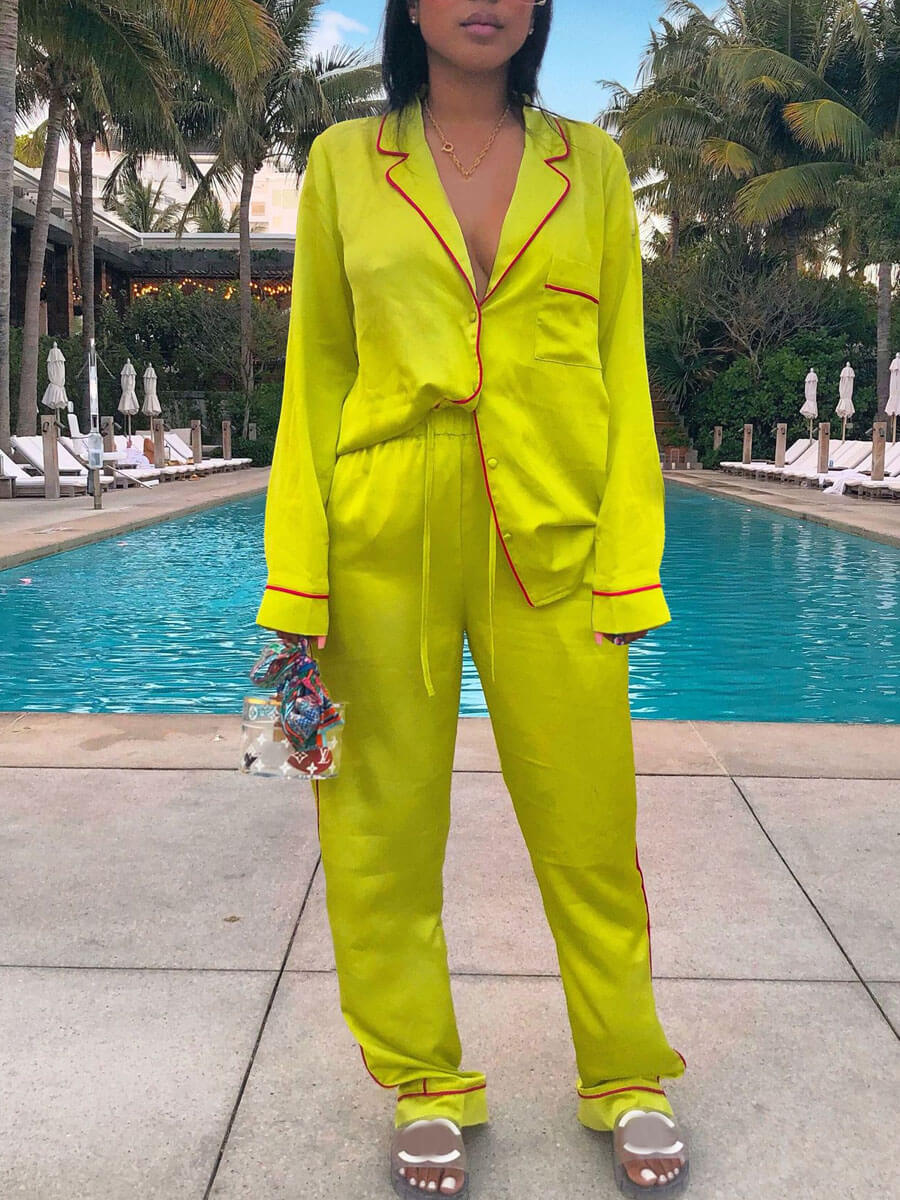 

Lovely V Neck Pocket Patched Yellow Sleepwear