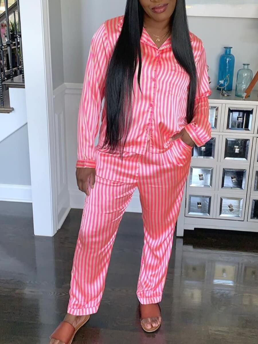 

Lovely Button Design Striped Pink Sleepwear