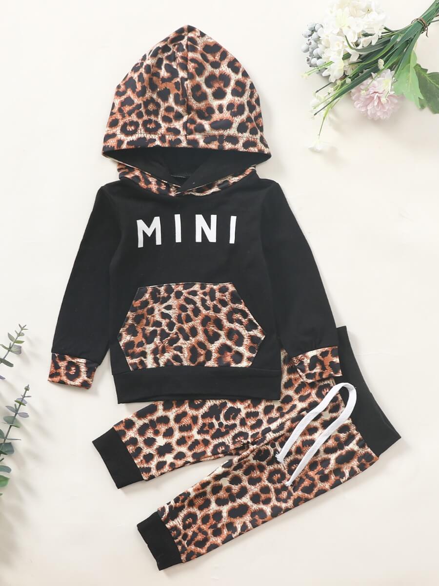 

Lovely Sportswear Hooded Collar Leopard Print Patchwork Black Girl Two-piece Pants Set
