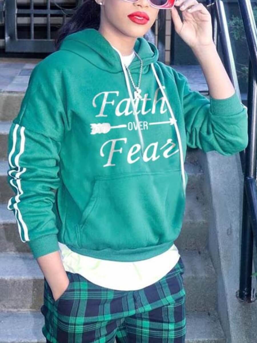 

Lovely Casual Letter Print Striped Patchwork Green Hoodie