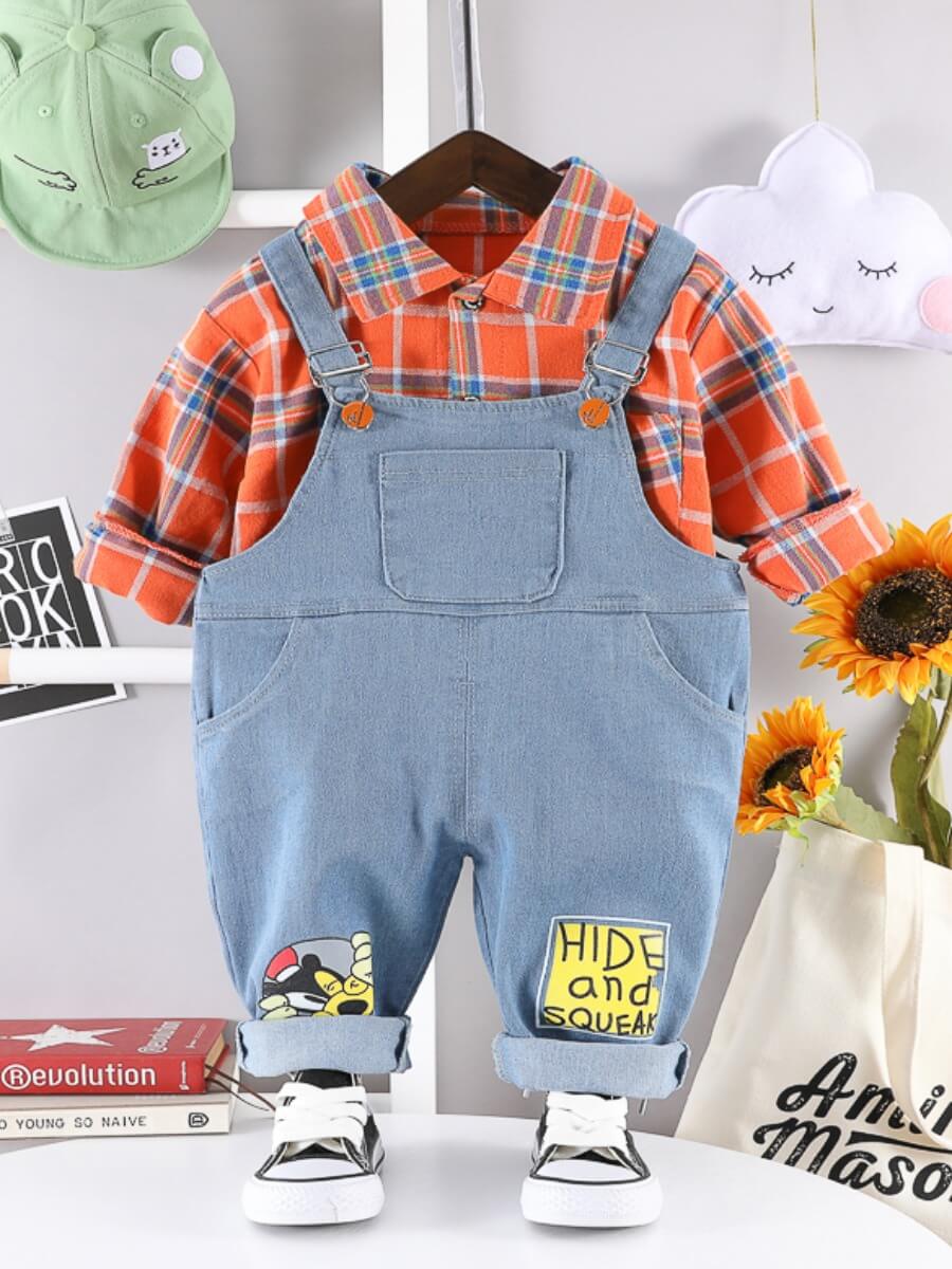 

Lovely Casual Shirt Collar Grid Print Blue Boy Two-piece Pants Set