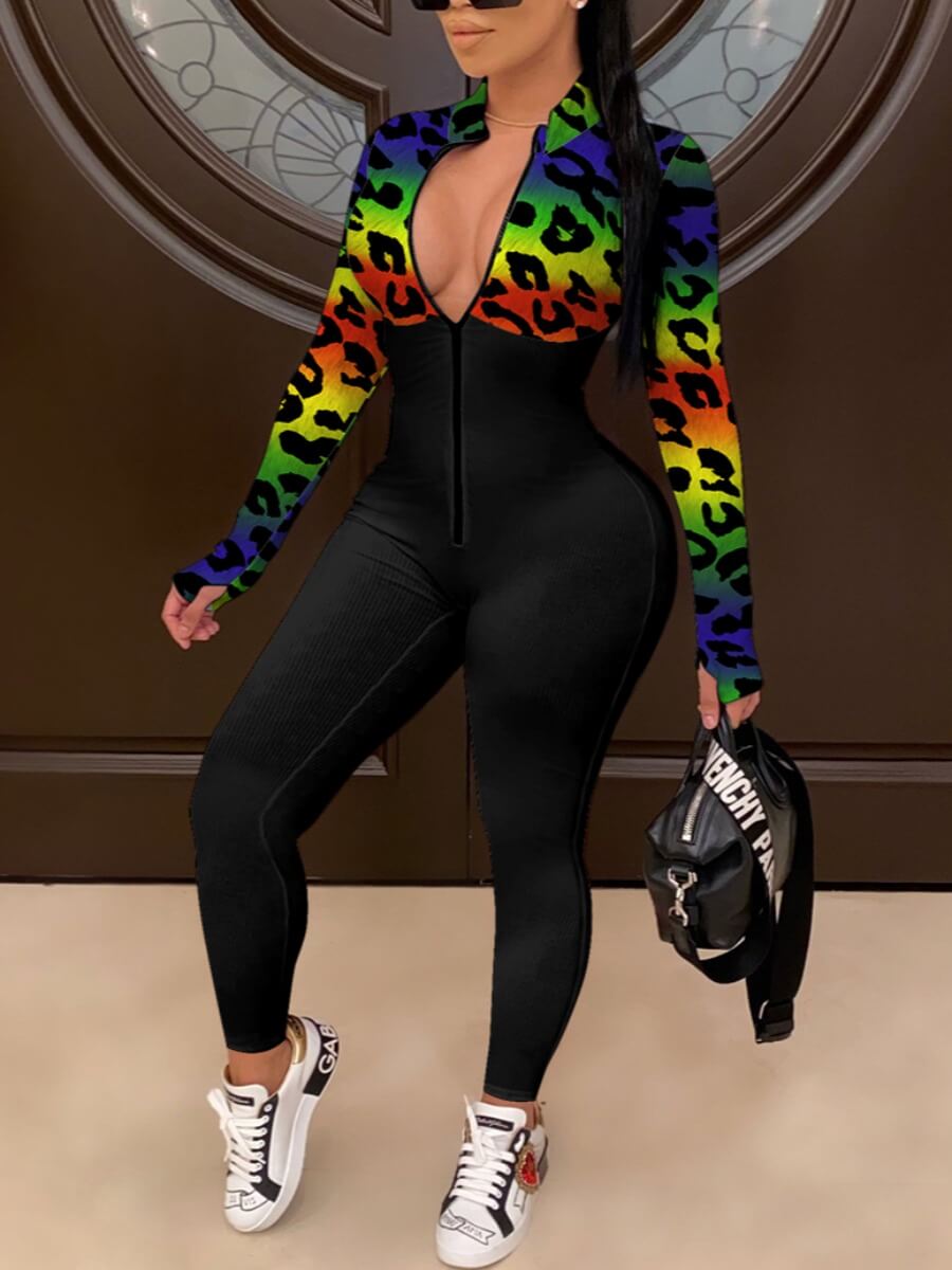 

Lovely Casual Leopard Print Patchwork Black One-piece Jumpsuit