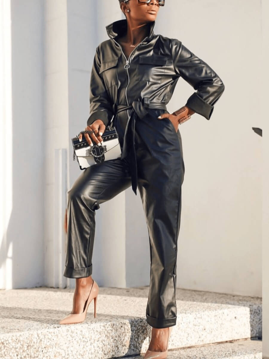 

Lovely Casual Turndown Collar Knot Design Black One-piece Jumpsuit