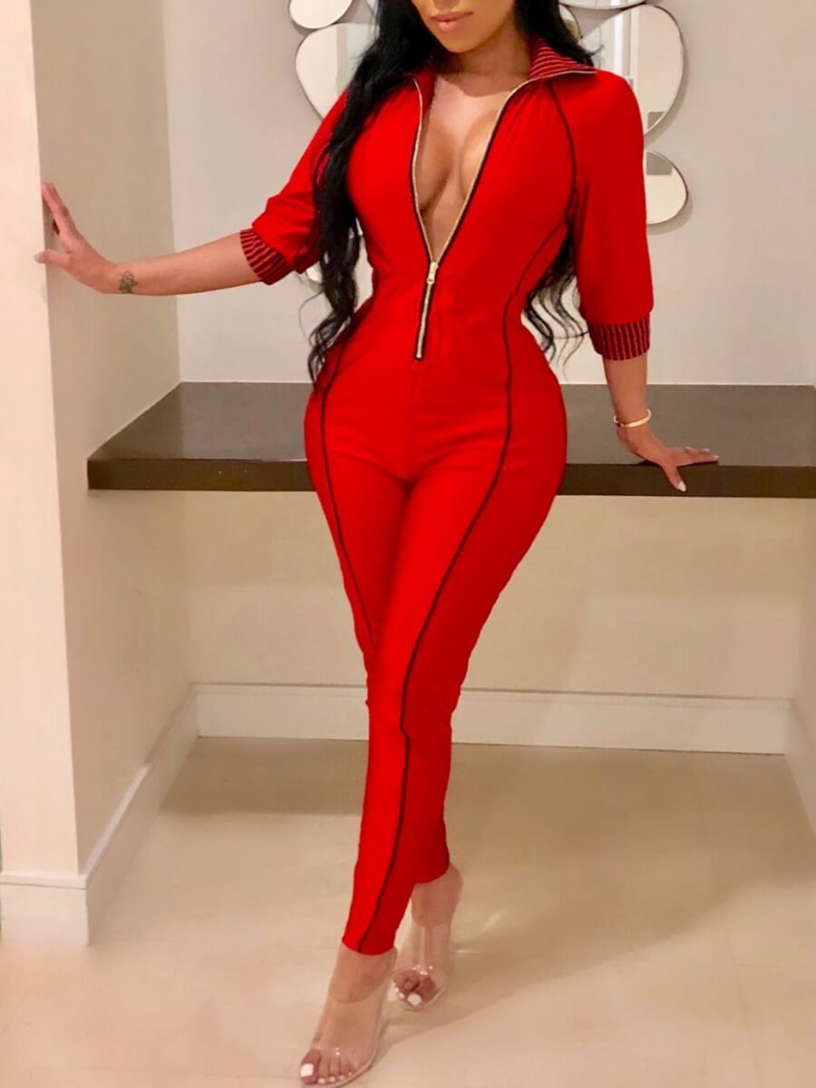 

Lovely Sportswear Patchwork Zipper Design Red One-piece Jumpsuit