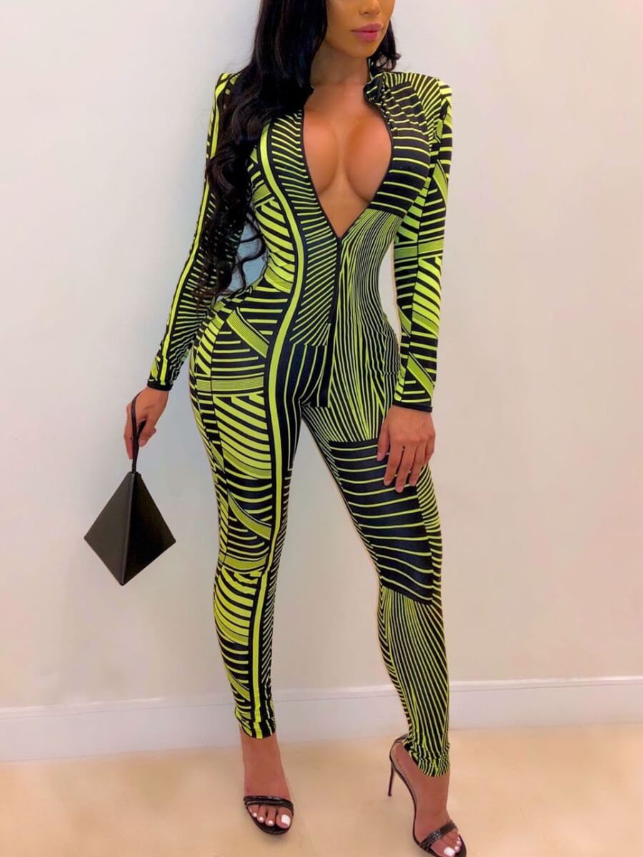

Lovely Sexy Deep V Neck Print Zipper Design Green One-piece Jumpsuit