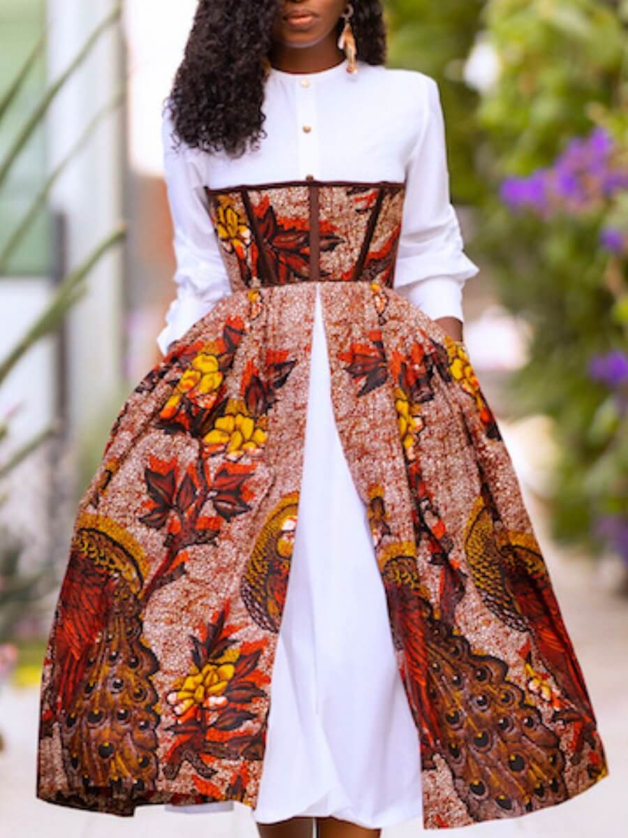 

Lovely Bohemian O Neck Print Patchwork White Knee Length Dress