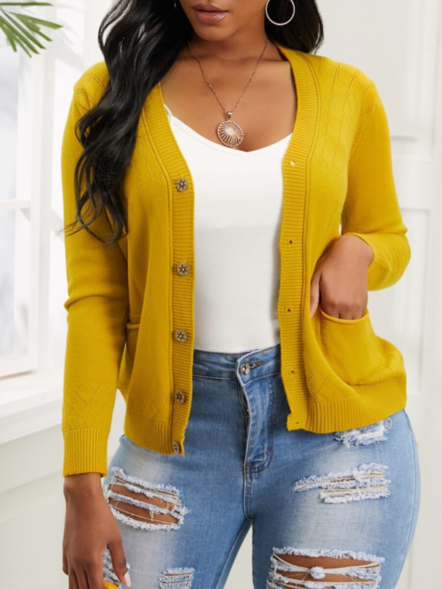 

Lovely Trendy V Neck Buttons Design Yellow Cardigan