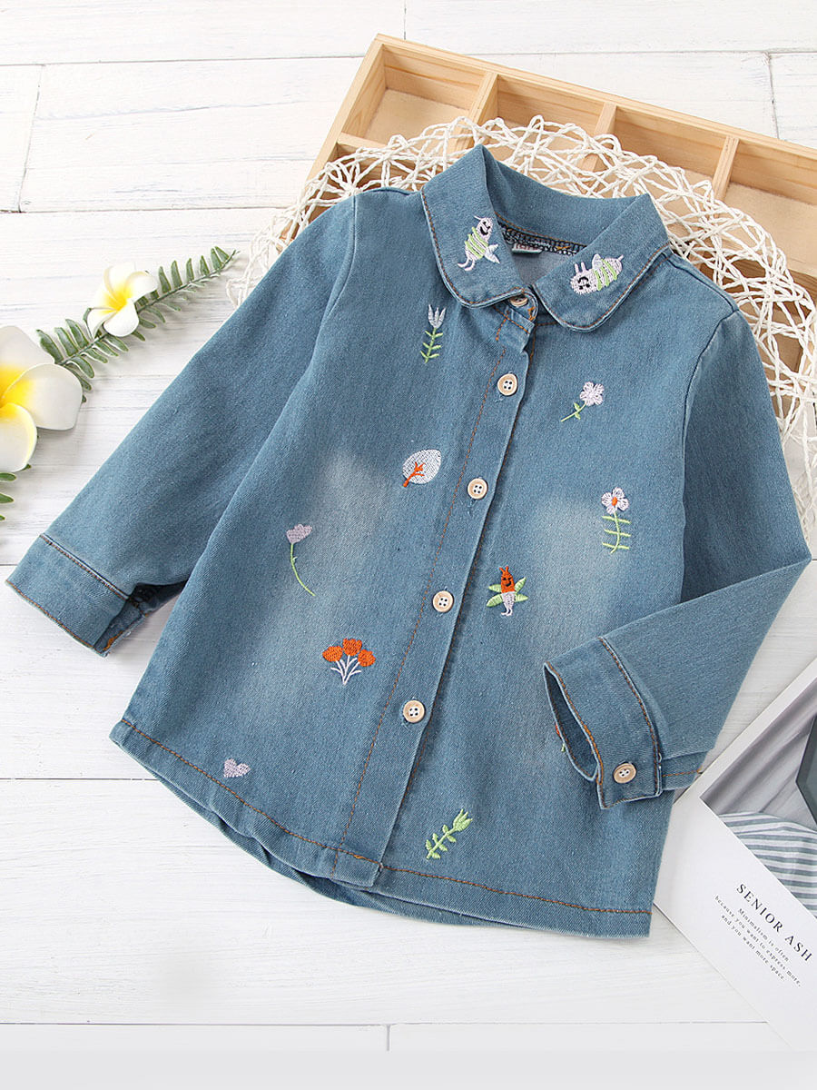 

Lovely Stylish Shirt Collar Embroidered Baby Blue Girl Blouse