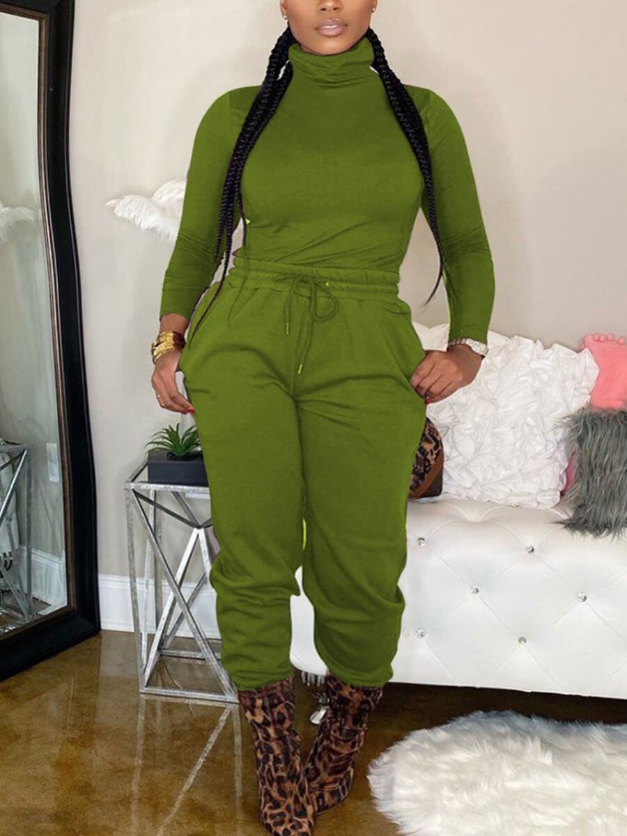 

Lovely Casual Turtleneck Drawstring Black Green Two Piece Pants Set