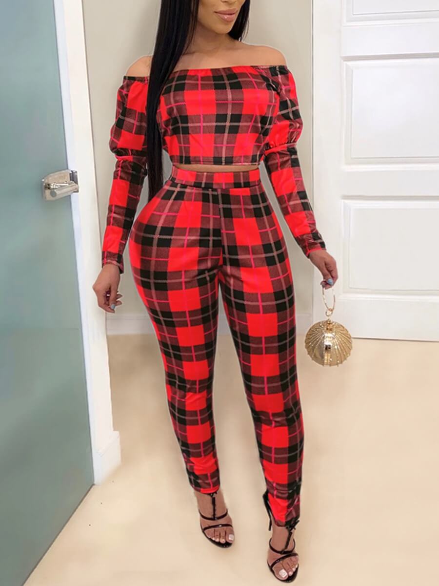

Lovely Stylish Off The Shoulder Plaid Print Red Two Piece Pants Set