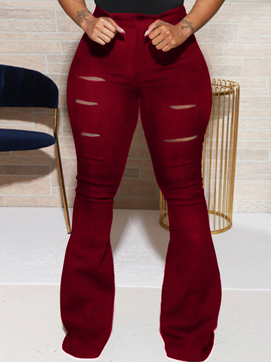 

LW Plus Size Ripped Flared Wine Red Pants