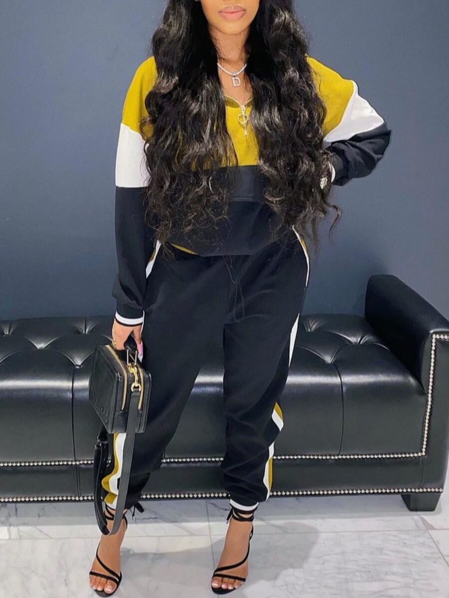 

Lovely Casual Color-lump Stitching Black Two Piece Pants Set