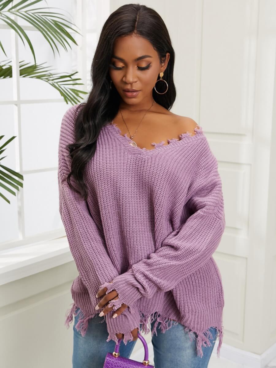 

Lovely Trendy V Neck Asymmetrical Purple Sweater