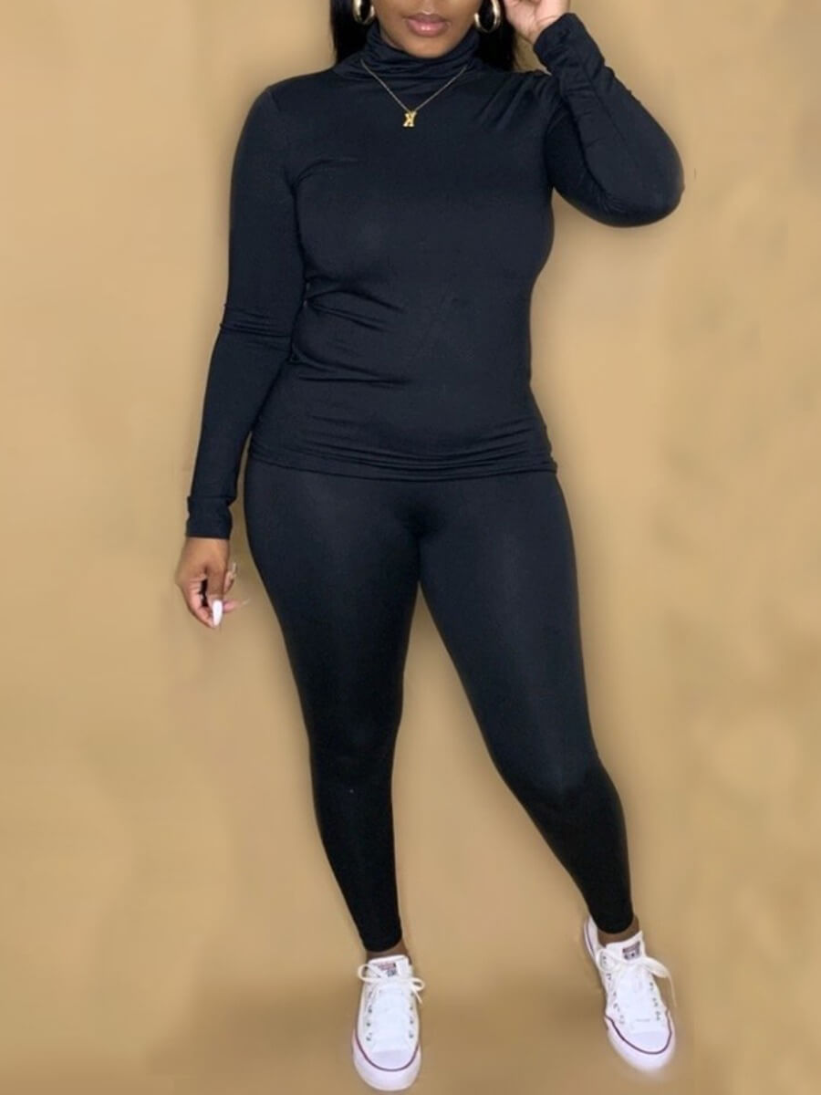 

Lovely Casual Turtleneck Black Two Piece Pants Set