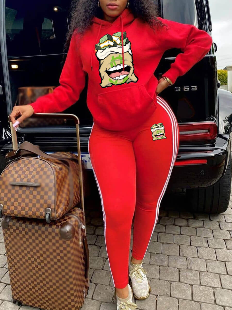 

Lovely Sportswear Hooded Collar Print Patchwork Red Plus Size Two-piece Pants Set