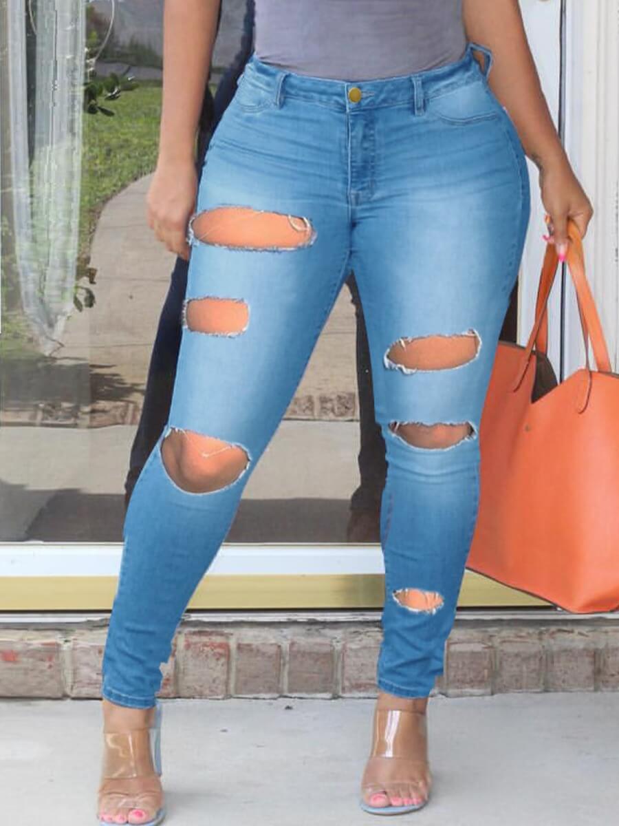 

Lovely Stylish Hollow-out Baby Blue Plus Size Jeans