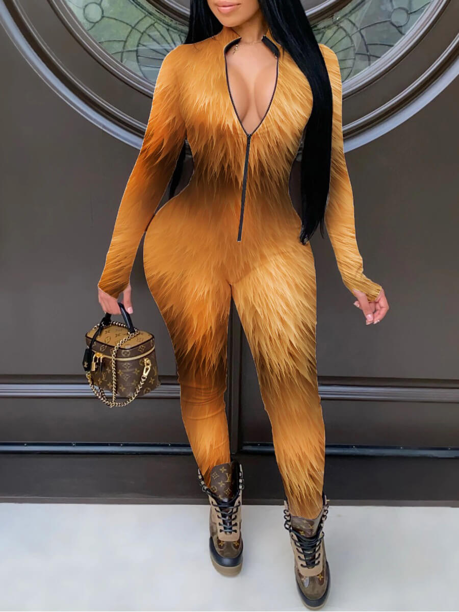 

Lovely Sexy Print Zipper Design Yellow One-piece Jumpsuit
