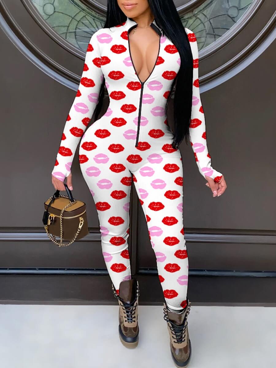 

Lovely Casual Lip Print Zipper Design White One-Piece Jumpsuit