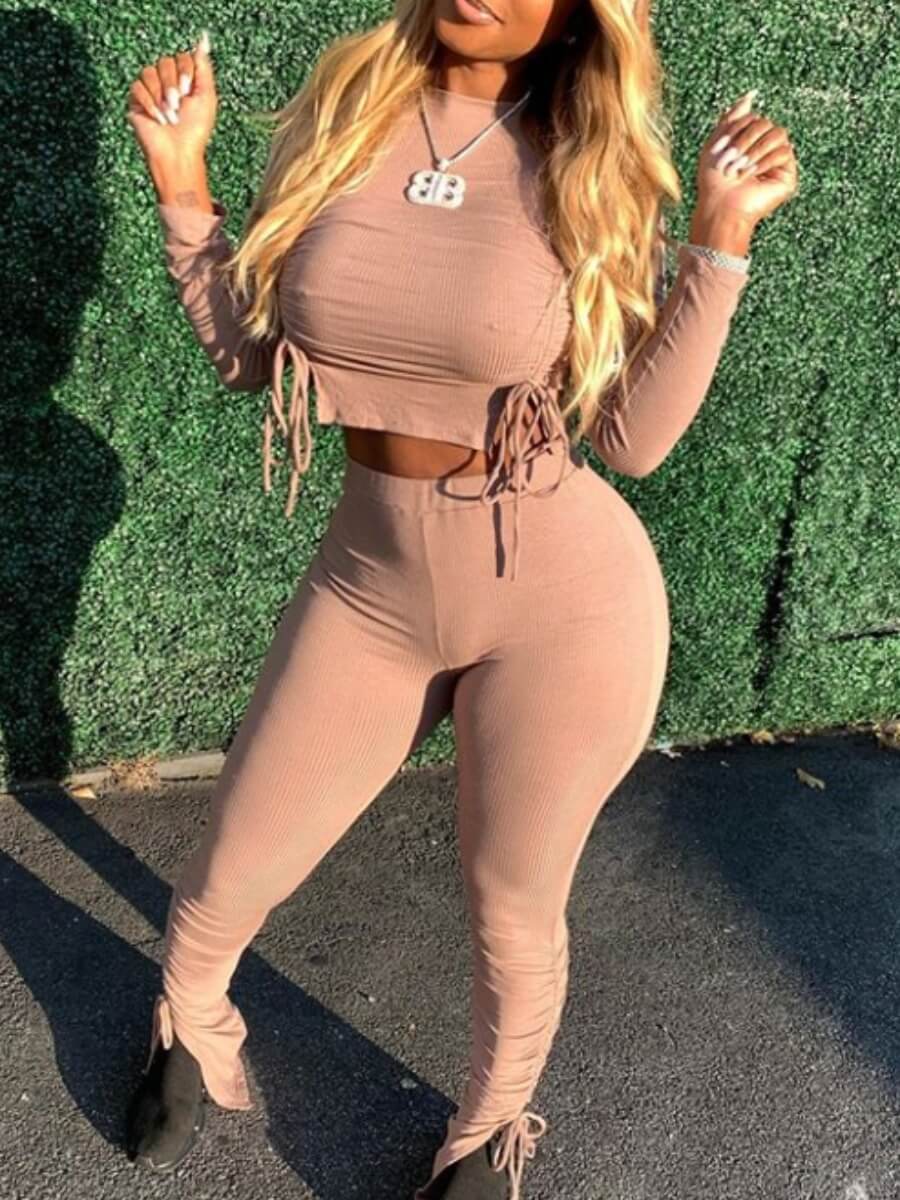 

LW Casual Drawstring Design Pink Two Piece Pants Set