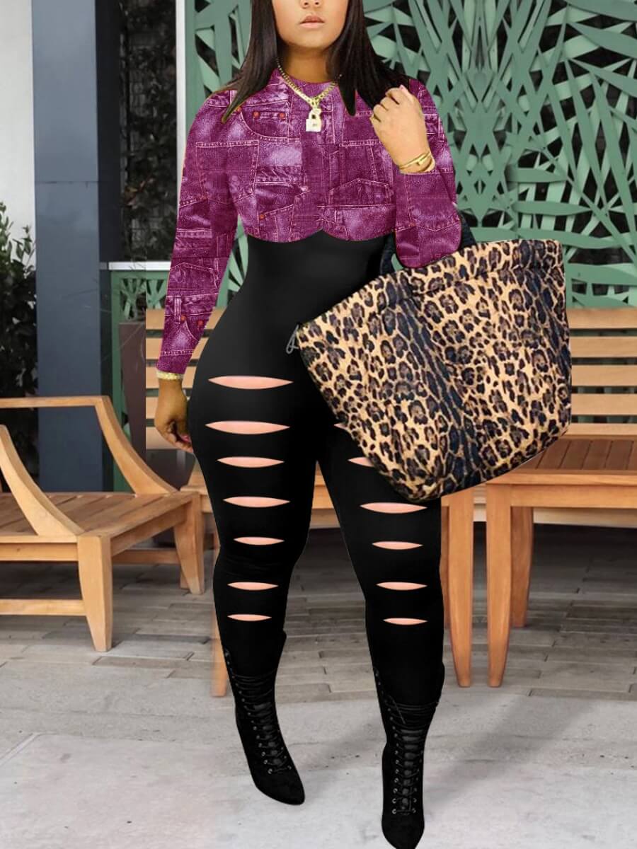 

Lovely Casual O Neck Patchwork Ripped Purple One-piece Jumpsuit