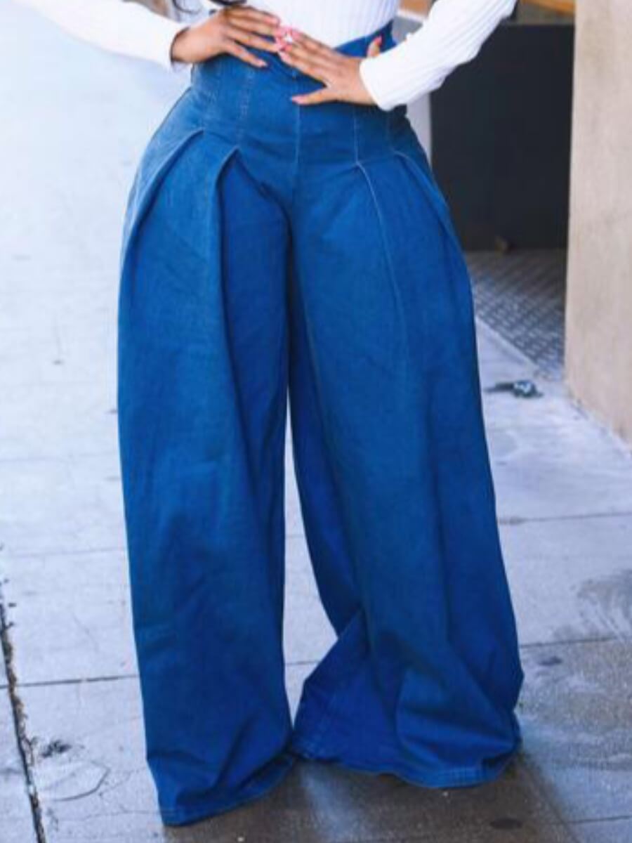 

Lovely Trendy High-waisted Loose Deep Blue Jeans